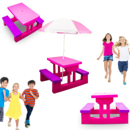 Stół ogrodowy piknikowy dla dzieci z parasolem i ławkami RÓŻOWY